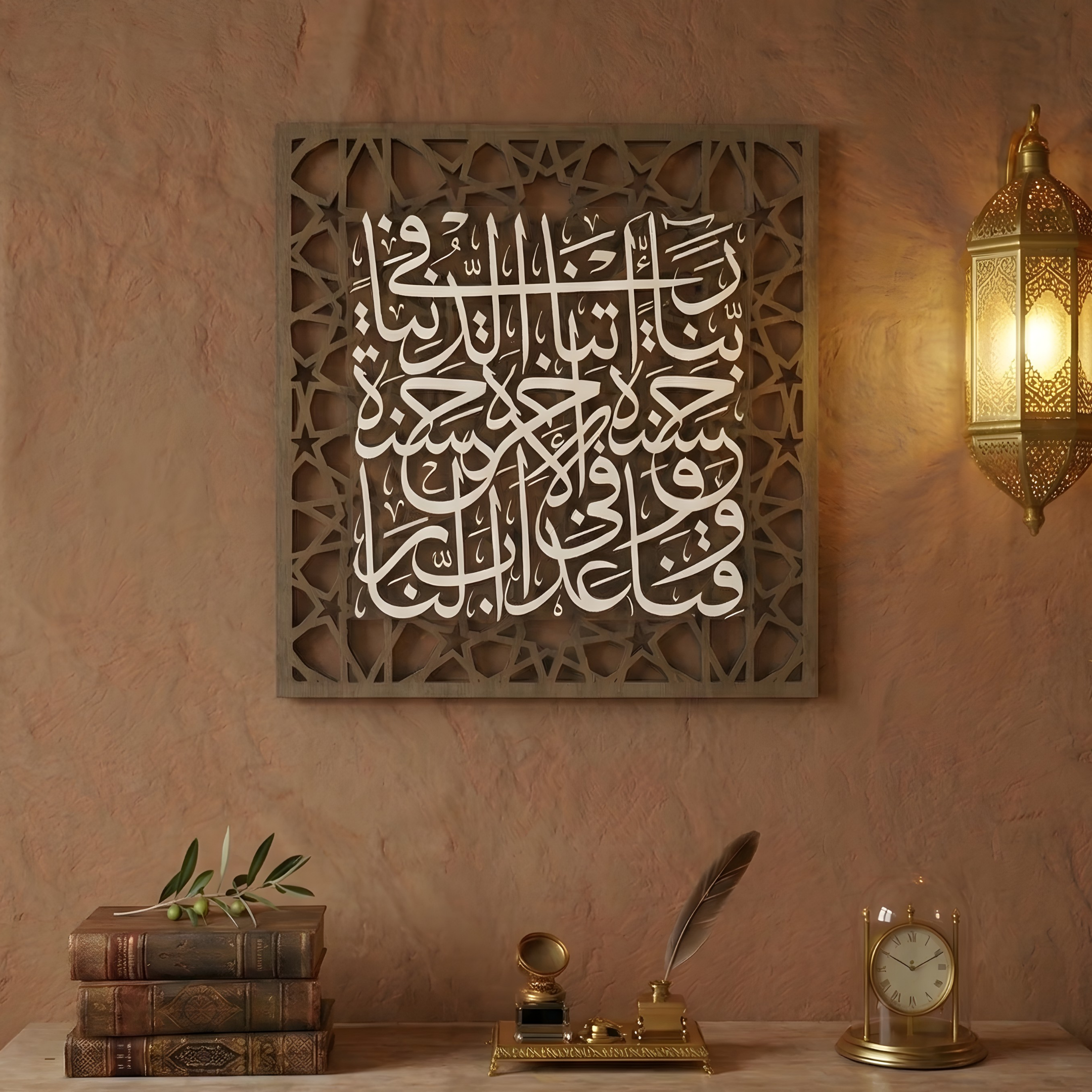 An ornate square wall art piece with white Arabic calligraphy set in a carved brown frame, displayed on a textured terracotta wall above a carved console table with books and a brass lamp.